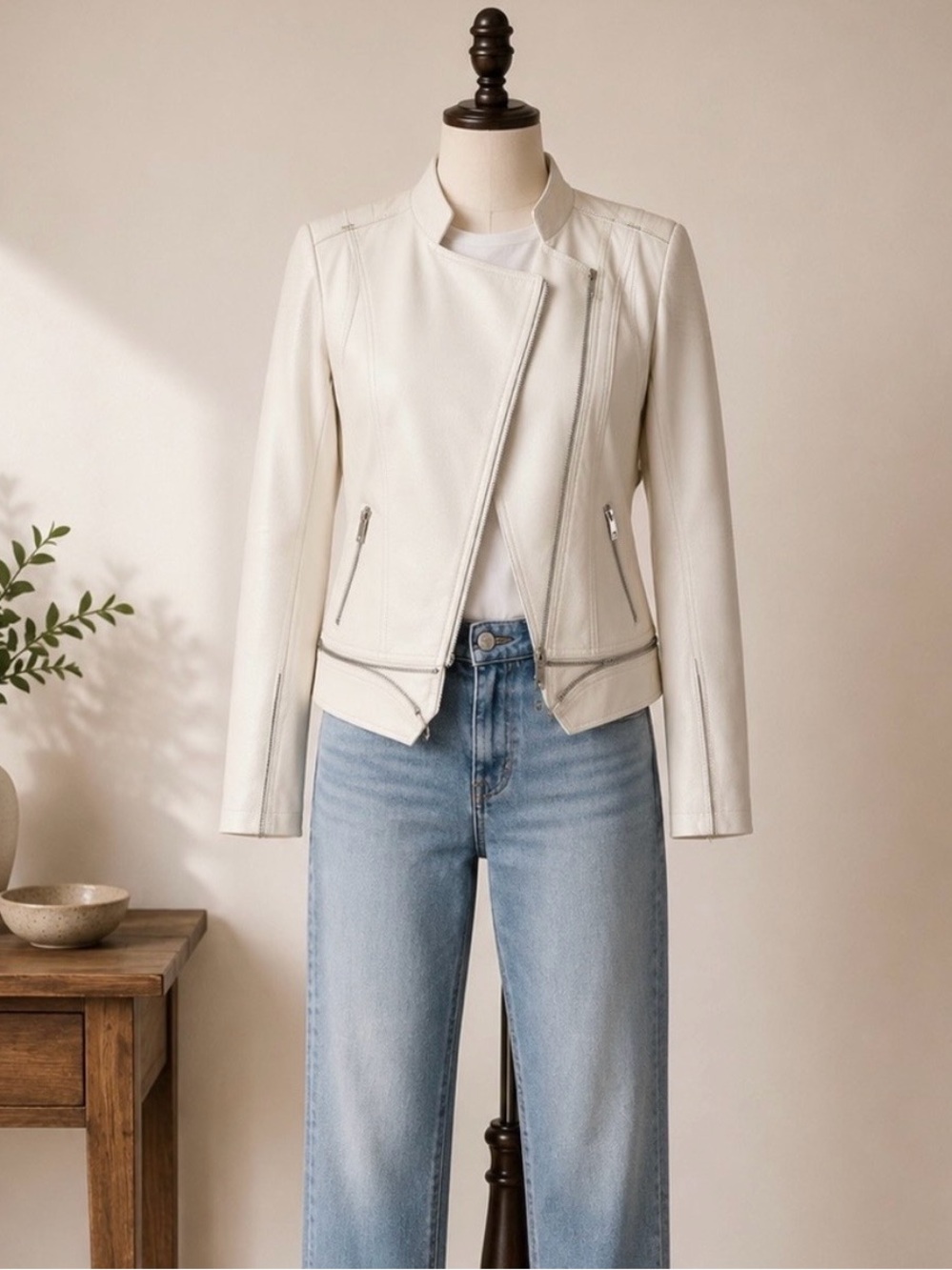 Coco Y Club Ivory Faux Leather Moto Jacket Asymmetrical Zip Biker Jacket Size S